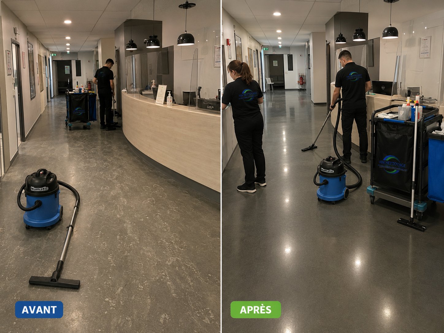Avant et après nettoyage de l'accueil d'un cabinet médical à Grenoble par MM NETTOYAGE — sol carrelage et comptoir hygiaphone