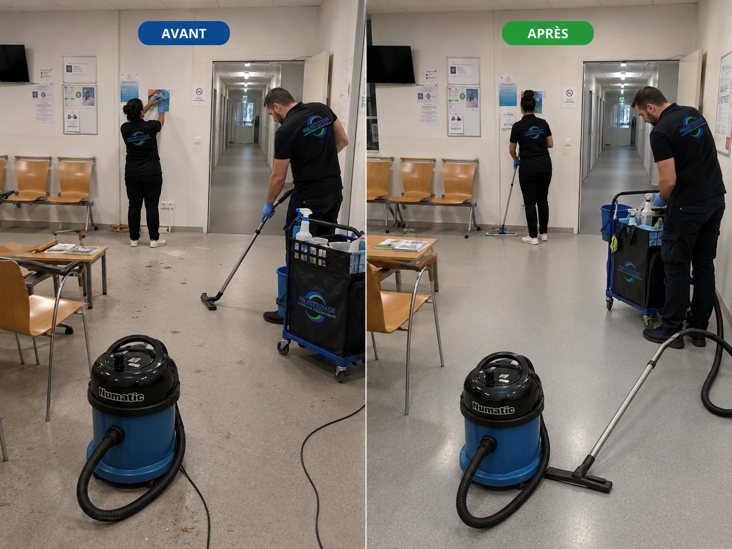 Avant et après nettoyage d'une salle d'attente médicale par MM NETTOYAGE — désinfection des surfaces et aspiration du sol